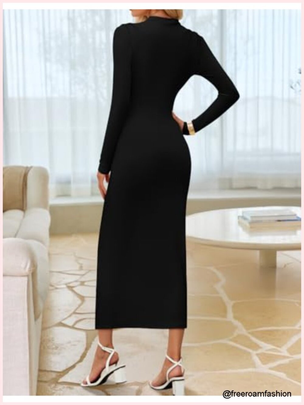 Long Sleeve Mock Neck Bodycon Midi Dress for Wedding Guest Cocktail Party - Picture 4 of 6